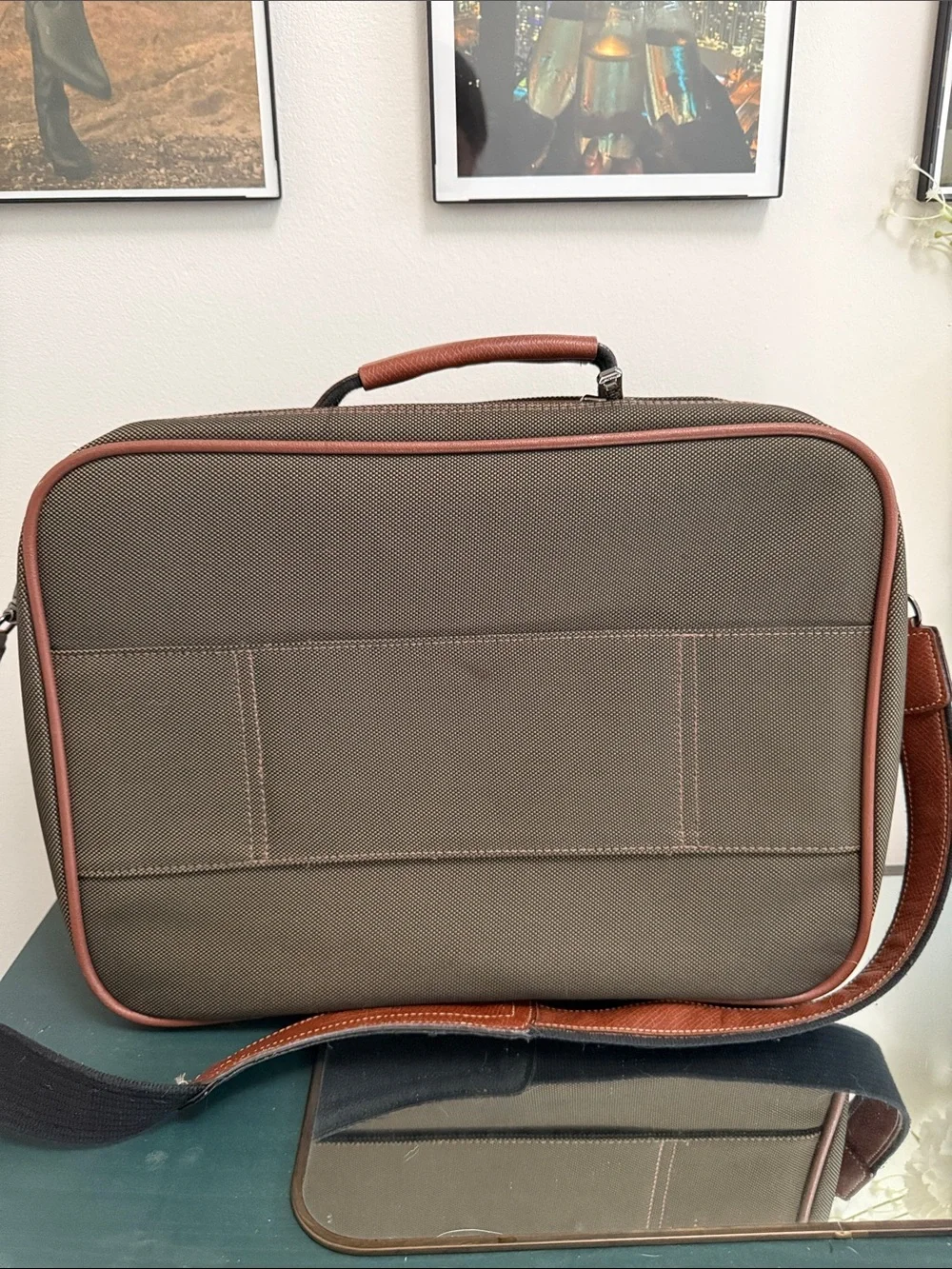 Longchamp Vintage Boxford Olive Green Canvas & Brown Leather Briefcase